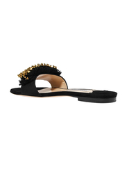 Jimmy Choo Waida Beaded Fringed Suede Flat Sandal, 37.5 EU, Black